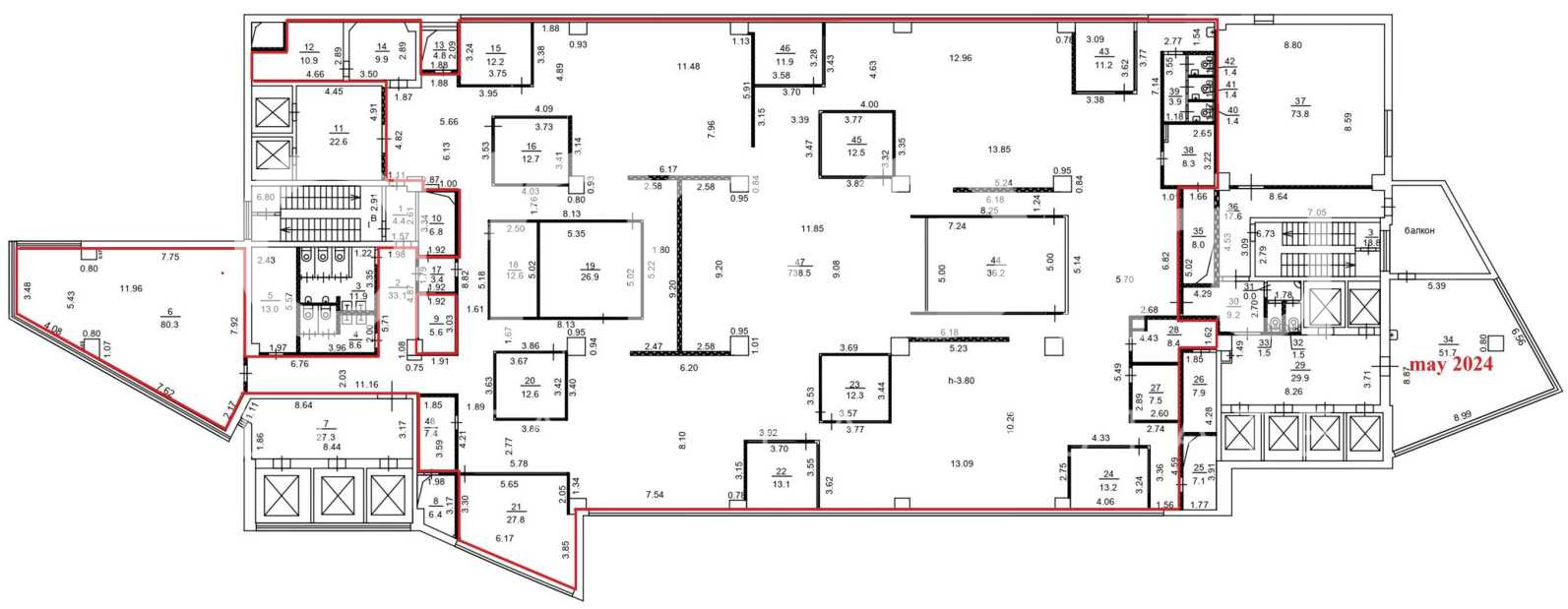 Планировка офиса 1323.27 м², 11 этаж, Бизнес-центр «Лотте Плаза»